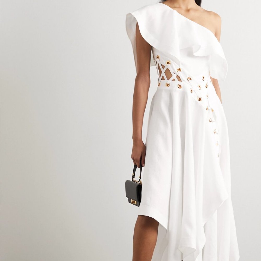 ALEXANDER MCQUEEN  One-shoulder eyelet-embellished ruffled linen-poplin dress